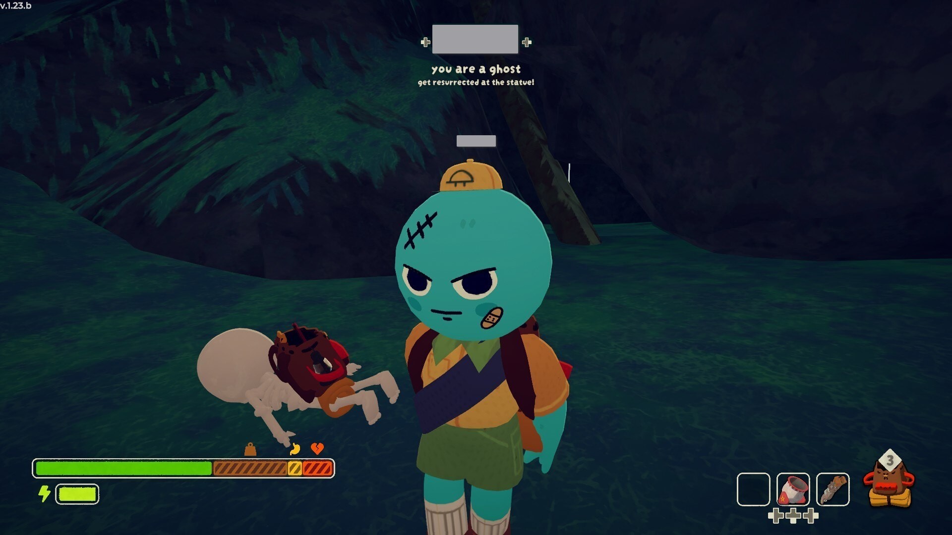 Picture of me, dead, with my friend standing next to me while playing Peak (a game on Steam).