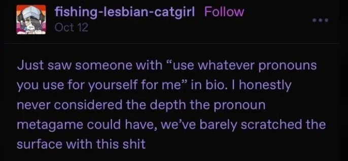 Just saw someone with "use whatever pronouns you use for yourself for me" in bio. I honestly never considered the depth the pronoun metagame could have, we've barely scratched the surface with this shit