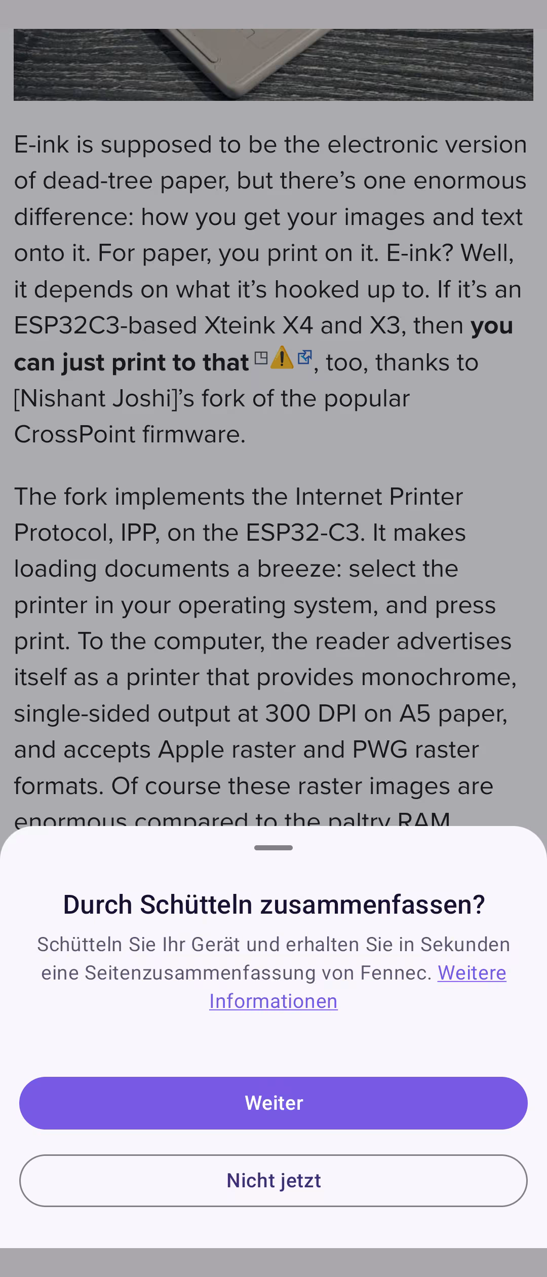 Firefox mobile showing a popup "shake to summarize" with the choices "now" and "later"