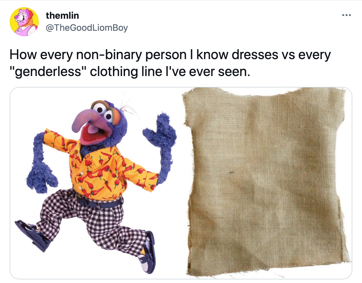 A meme featuring the text, "How every non-binary person I know dresses vs every 'genderless' clothing line I've ever seen." The image contrasts two styles: on the left, Gonzo the Muppet, a colorful, purple, bird-like puppet character wearing a yellow shirt with a red chili pepper print, black-and-white checkered pants, and dress shoes. On the right is a piece of plain, tan, rectangular burlap fabric representing a minimalist garment.