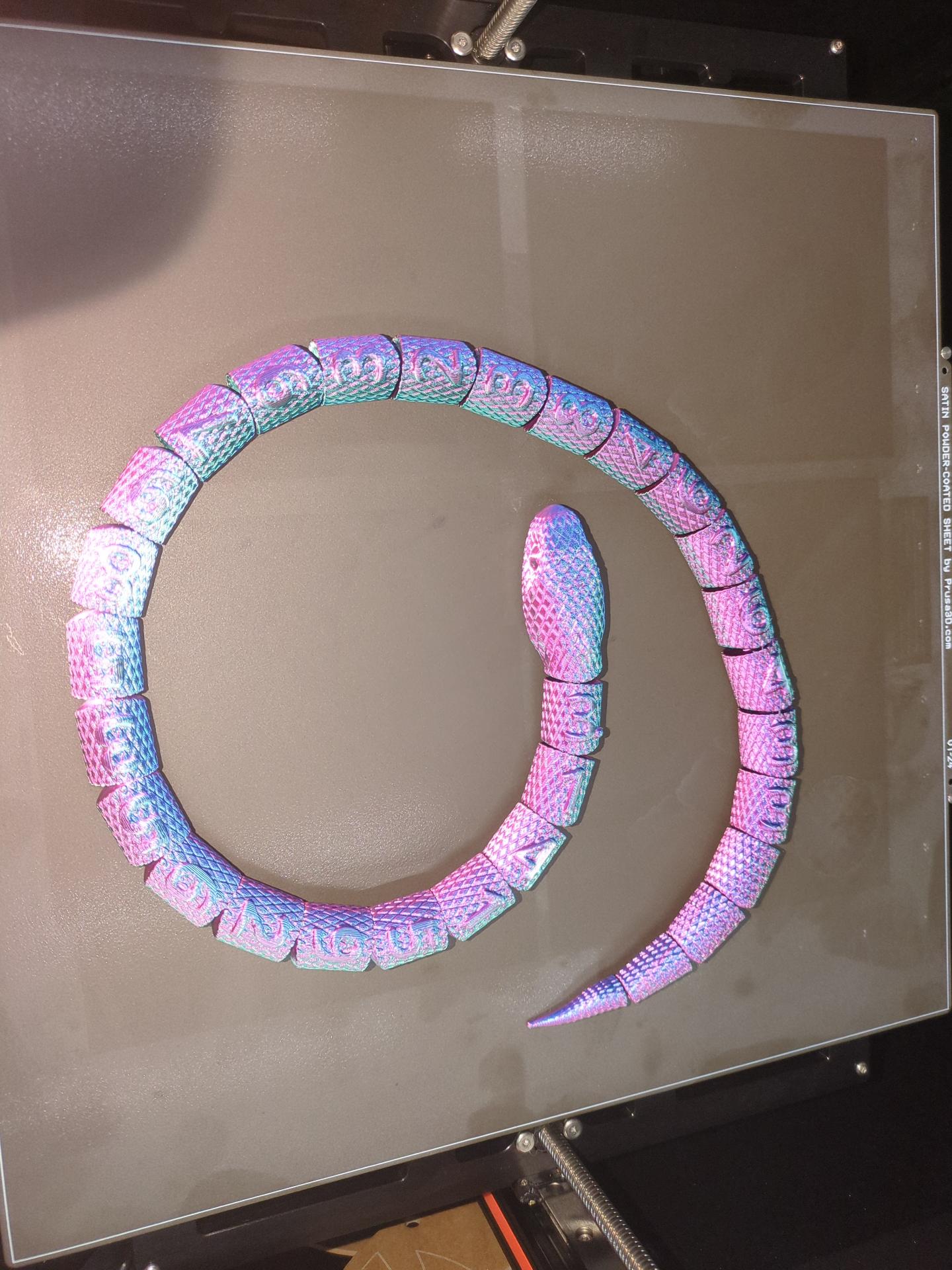 A 3d printed snake with the first 25 digits of pi on it.