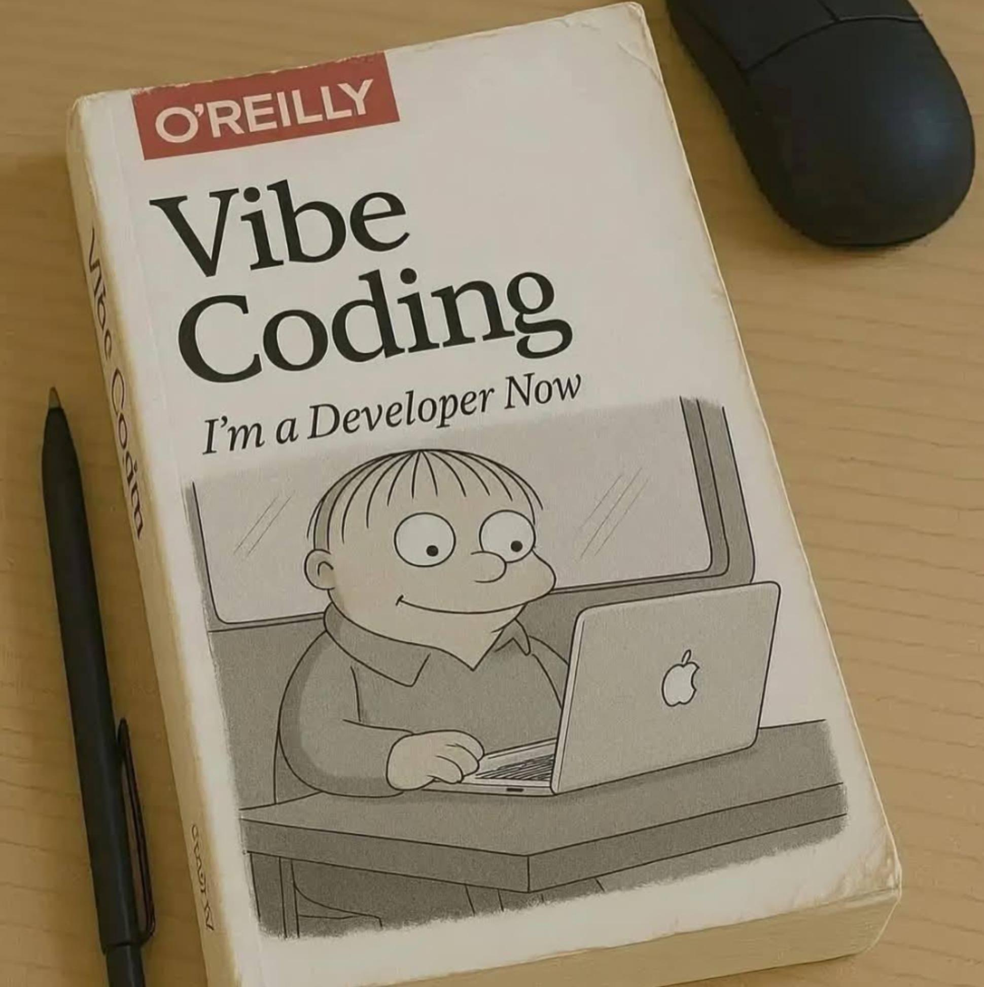 [Image of a book from O'Reilly with the title: Vibe Coding. I'm a Developer Now. Followed by an image of Ralph Wiggim at a laptop.]