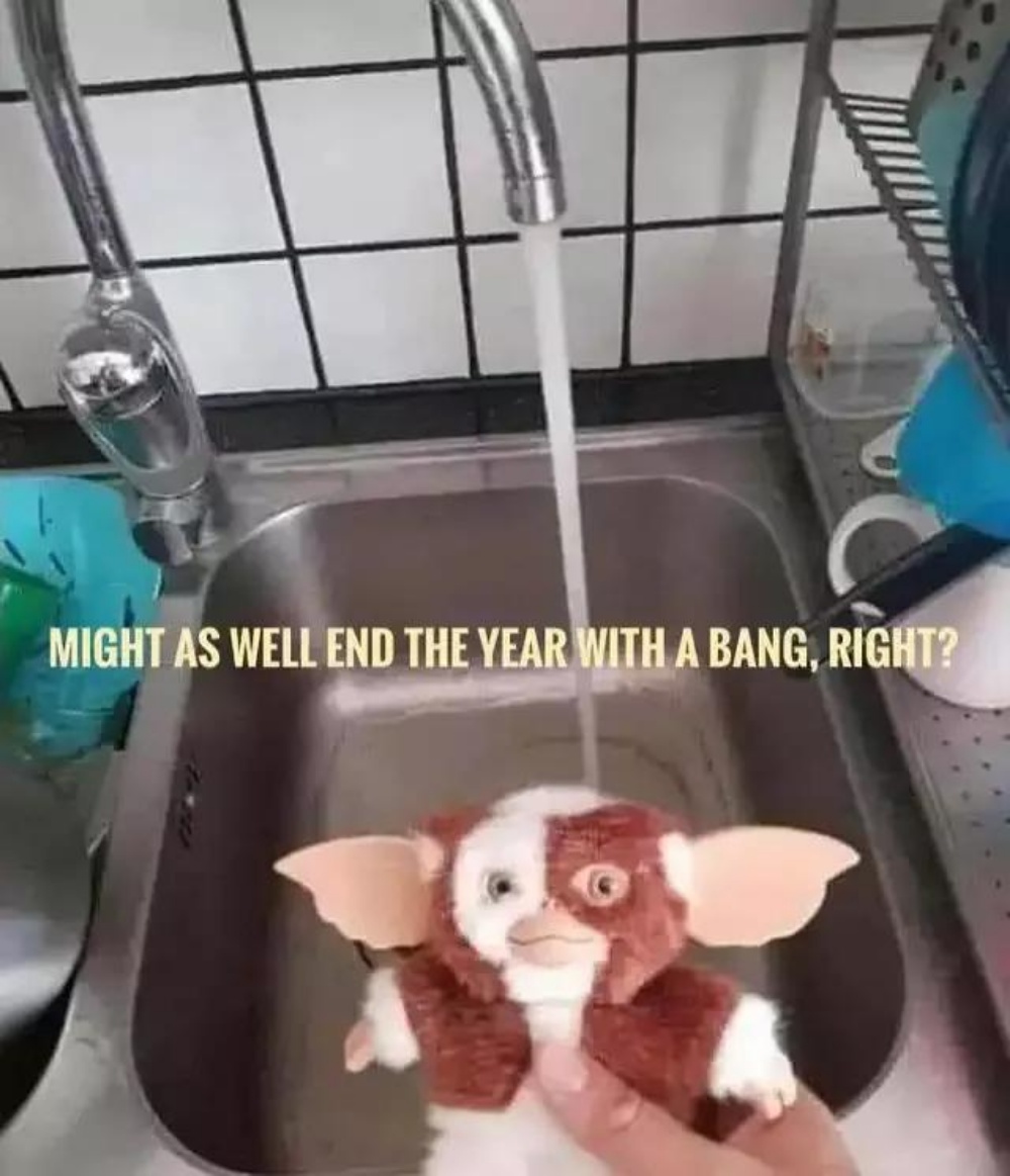 A hand holding a gremlin over a running sink with the text might as well end the year with a bang, right?
