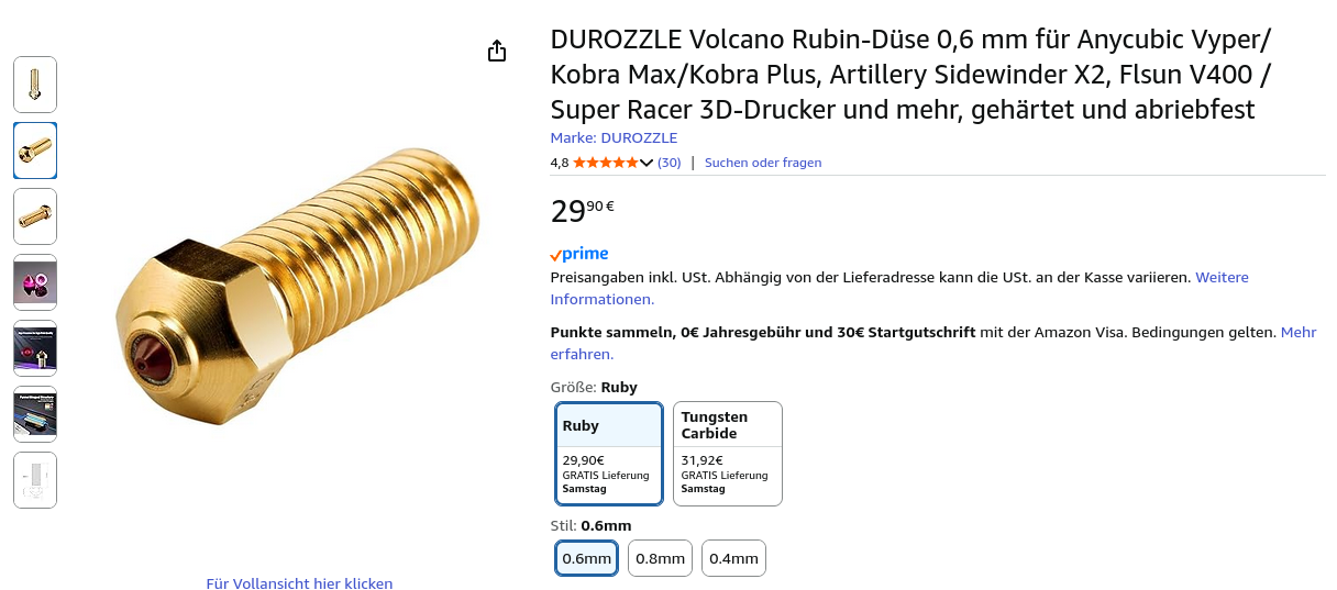 Screenshot of the german Amazon shop showing a "Volcano Ruby-Nozzle 0.6mm" from DUROZZLE