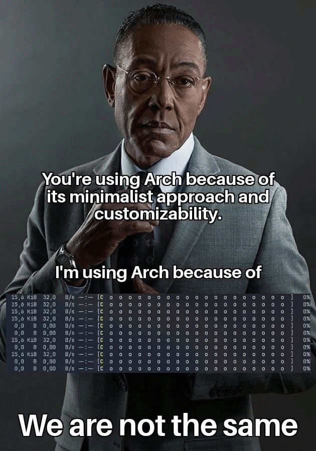 You're using Arch because of its minimalist approach and customizability. I'm using Arch because of "Waka Waka". We are not the same.