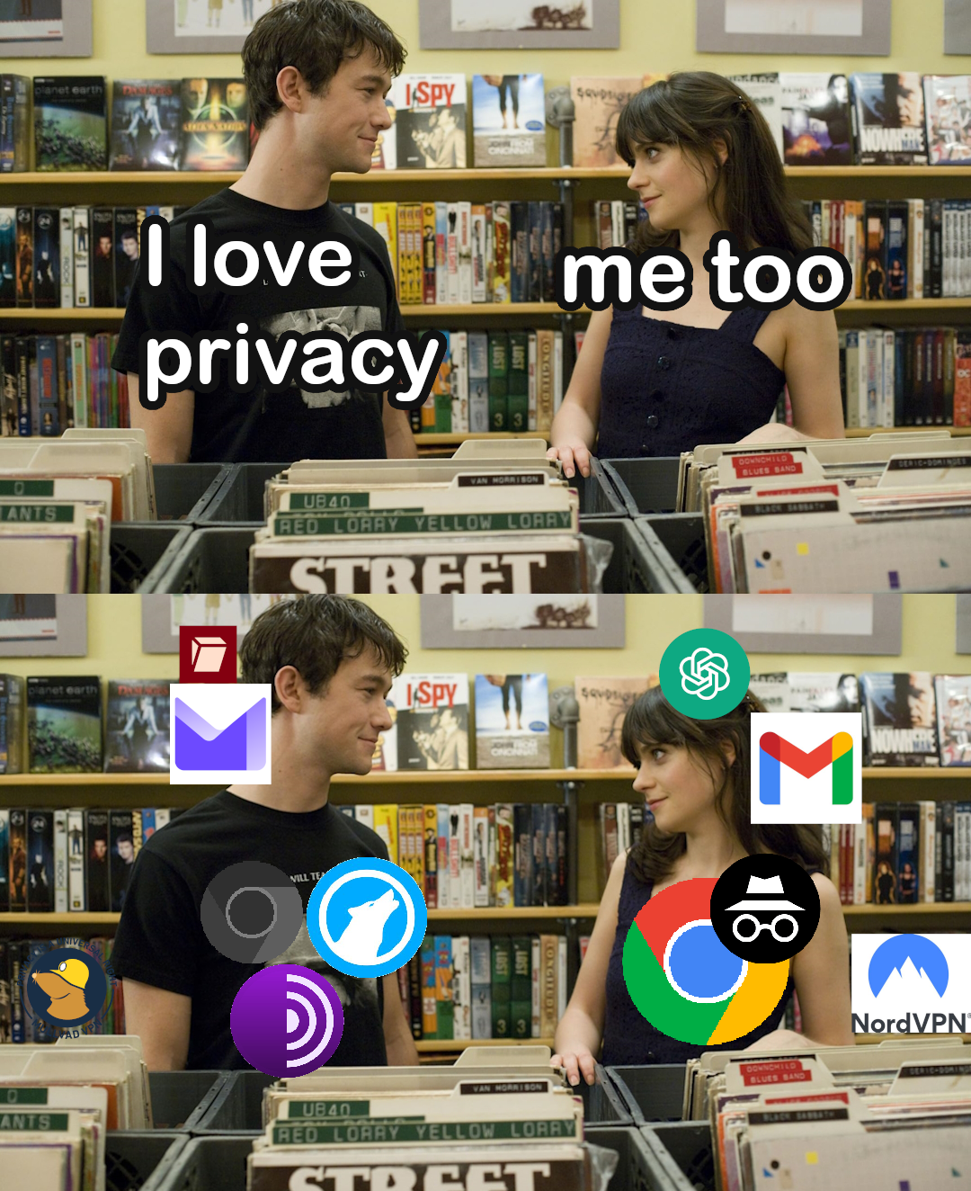 a man and woman both claiming to like privacy. the woman uses mainstream, nonprivate services that claim to be private. the man uses actual private apps.