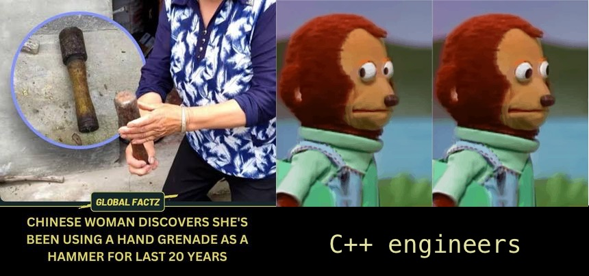 A Mastodon post: "Digging through my phone for a picture and found this". An image on the left depicts: "A Chinese woman discovers she's been using a hand grenade as a hammer for last 20 years." An image on the right is an awkardly shifty-eyed monkey puppet with the caption "C++ engineers."