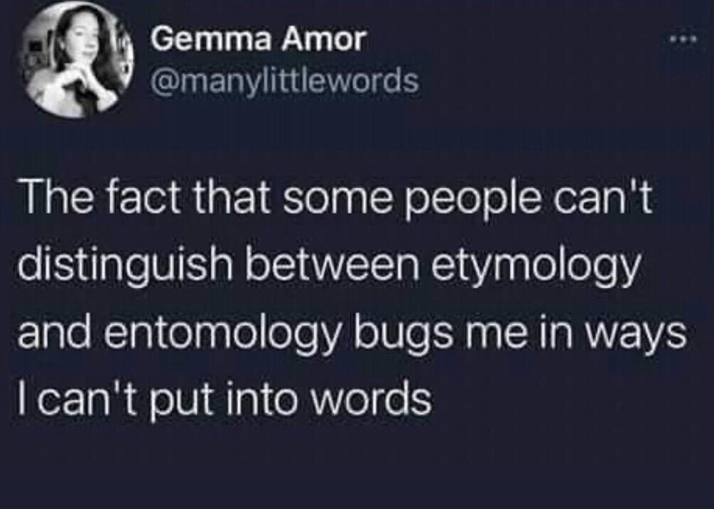 Screenshot of a tweet by Gemma Amor (@manylittlewords): The fact that some people can't distinguish between etymology and entomology bugs me in ways I can't put into words.