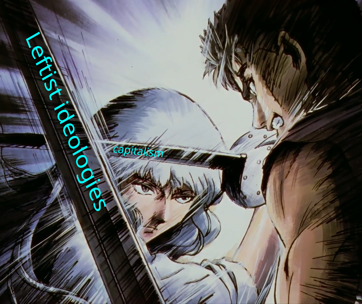 An edited image from the anime, *Berserk* where two characters are fighting with swords. The character named Guts has a large sword and is swinging with all of his might and the caption on the sword says "Leftist ideololigies" while the character named Griffith is parrying with a plade with the text "capitalism"