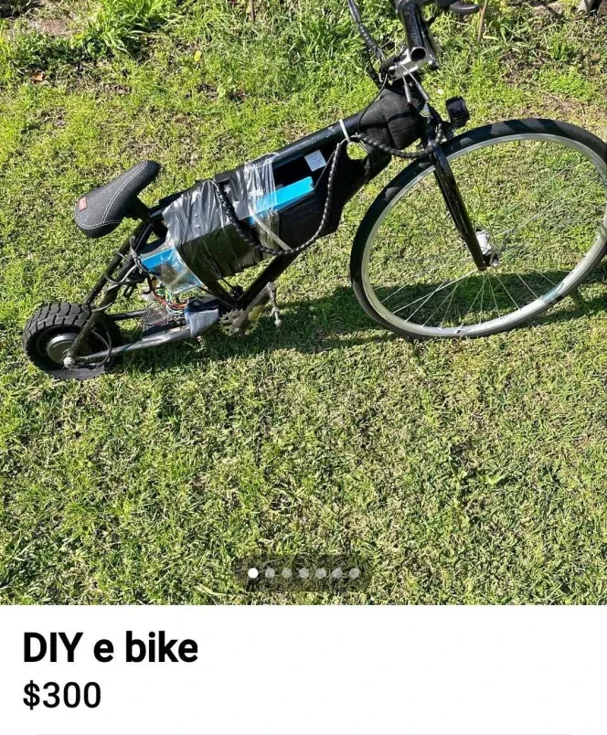 Listing by a seller for a "DIY e bike" with a picture of bicycle with a motor taped to side and a very small back wheel