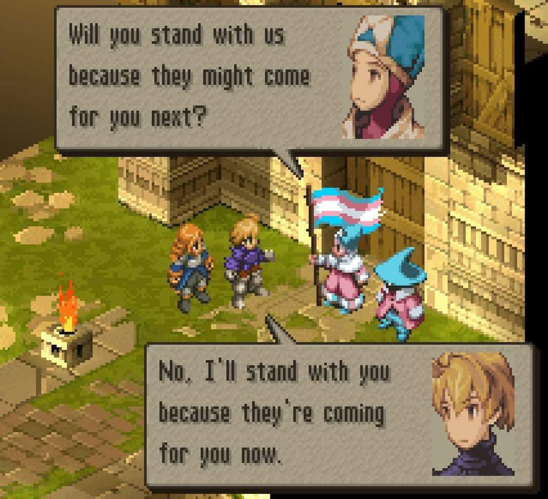 Two adventurers are speaking with guards in front of the palace gate, which are wearing pink, blue, and white (trans-coded) clothes. The guards ask "Will you stand with us because they might come for you next?" The adventurer replies "No, I'll stand with you because they're coming for you now."