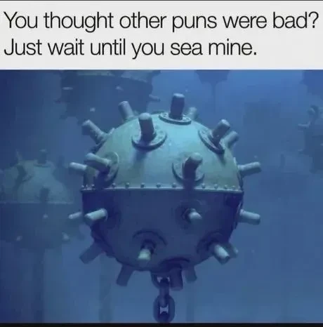 "You thought other puns were bad? Just wait until you sea mine." Picture of a sea mine