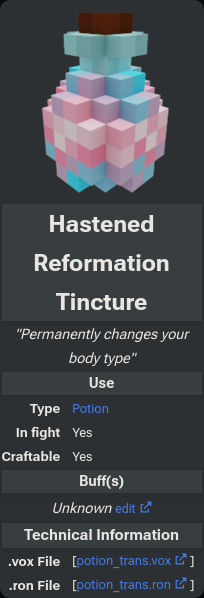 A fact sheet of "Hastened Reformation Tincture" potion, from a game called Veloren. The potion is coloured with Trans flag colours and its description says "Permanently changes your body type"