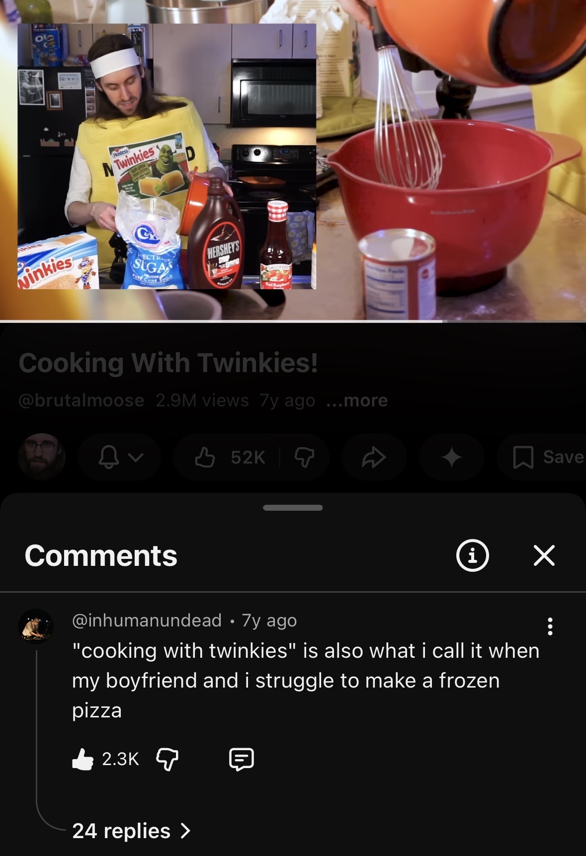 Screenshot of brutalmoose "Cooking With Twinkies" video, with a funny YouTube commenter referring to when he cooks with his boyfriend. 