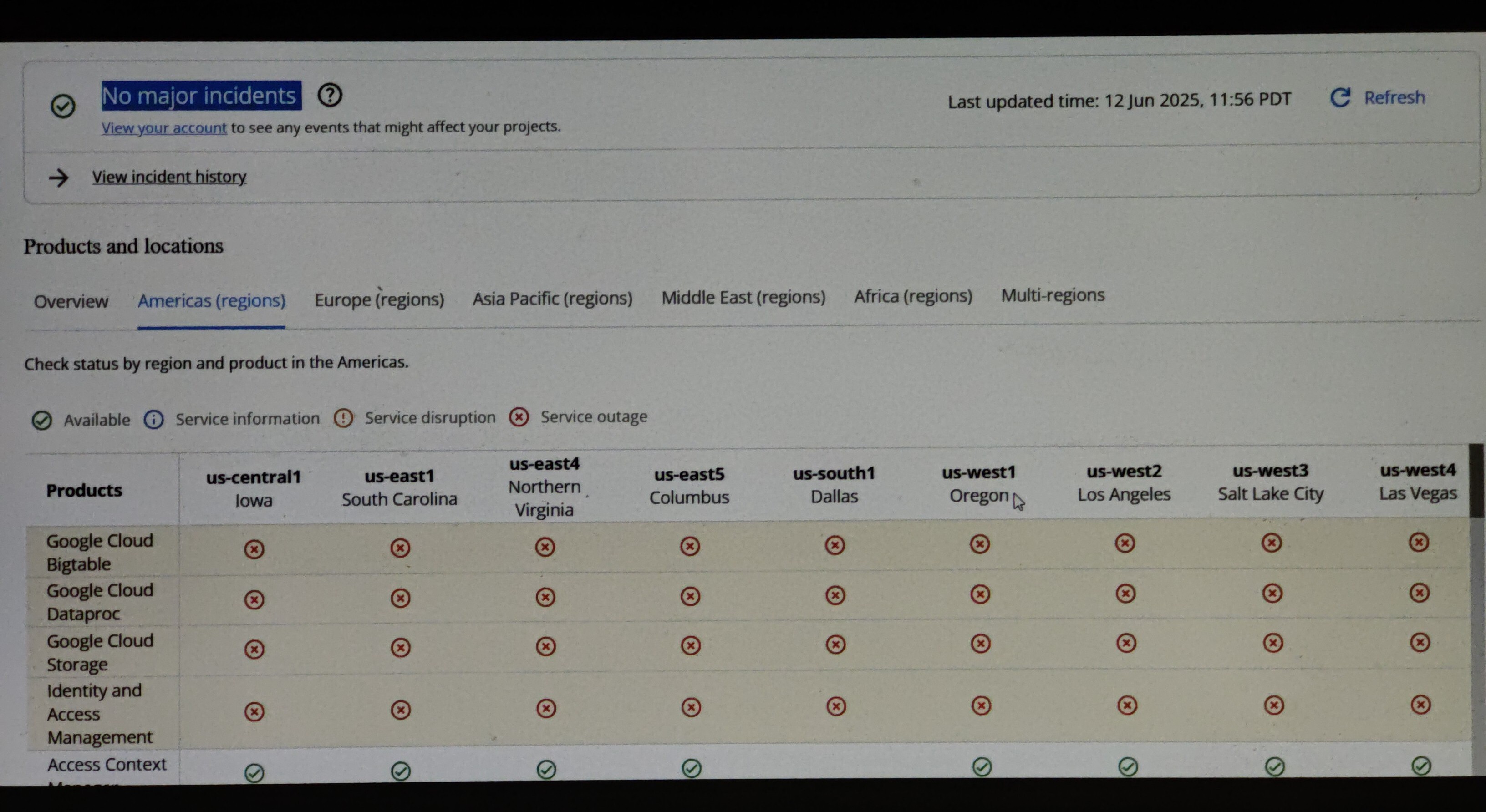 Google status page says "no major incidents" and lists several service outages in all regions.