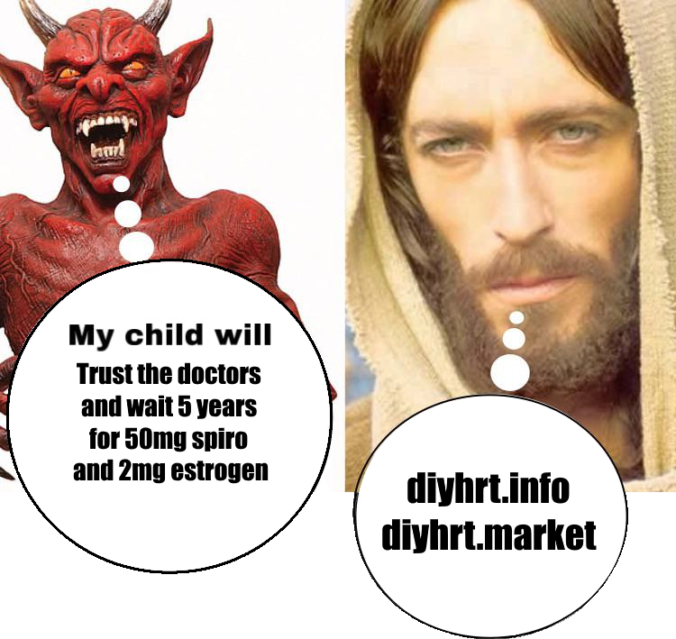 The devil says "my child will trust the doctors and wait 5 years for 50mg spiro and 2mg estrogen". Jesus instead says "diyhrt.info, diyhrt.market", instructing trans people on how to access DIY HRT
